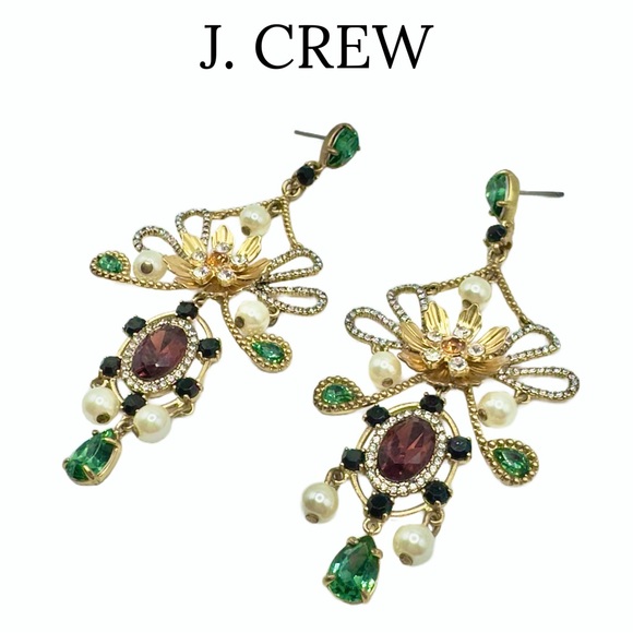 J. Crew • Baroque Floral Mixed Gem Statement Drop Earrings • Alhambra Green - Picture 4 of 13